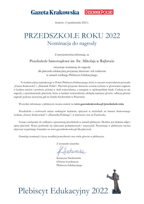 Nasza placówka nominowana do nagrody PRZEDSZKOLE ROKU 2022